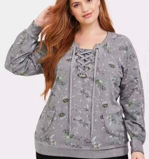 Torrid X Disney 2X Tinkerbell Retired Print Lace Up Neckline Sweat Shirt Gray